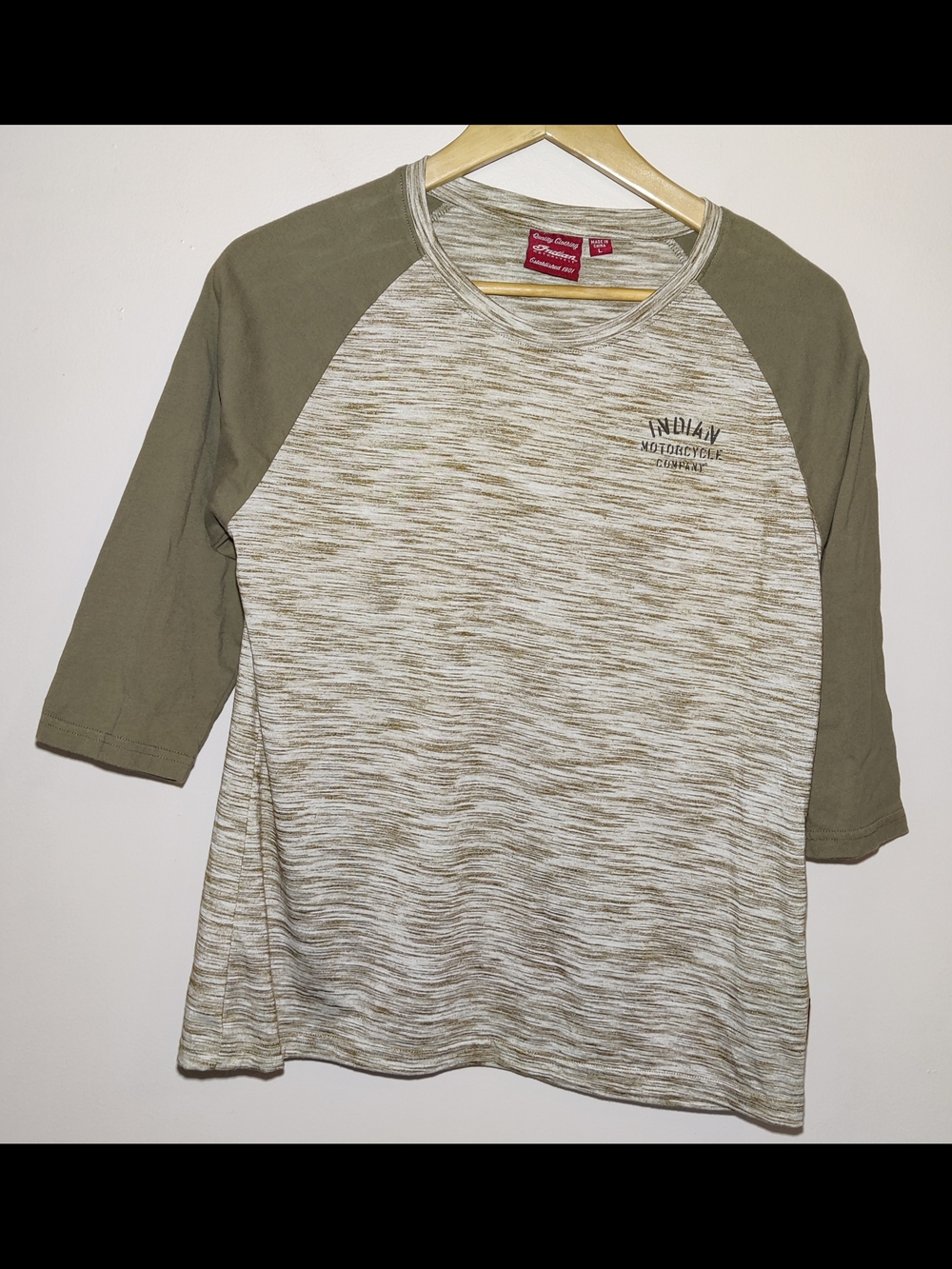 Indian Motorcycle Shirt Womens Large Olive Green Heather 3/4 Crop Sleeve Raglan